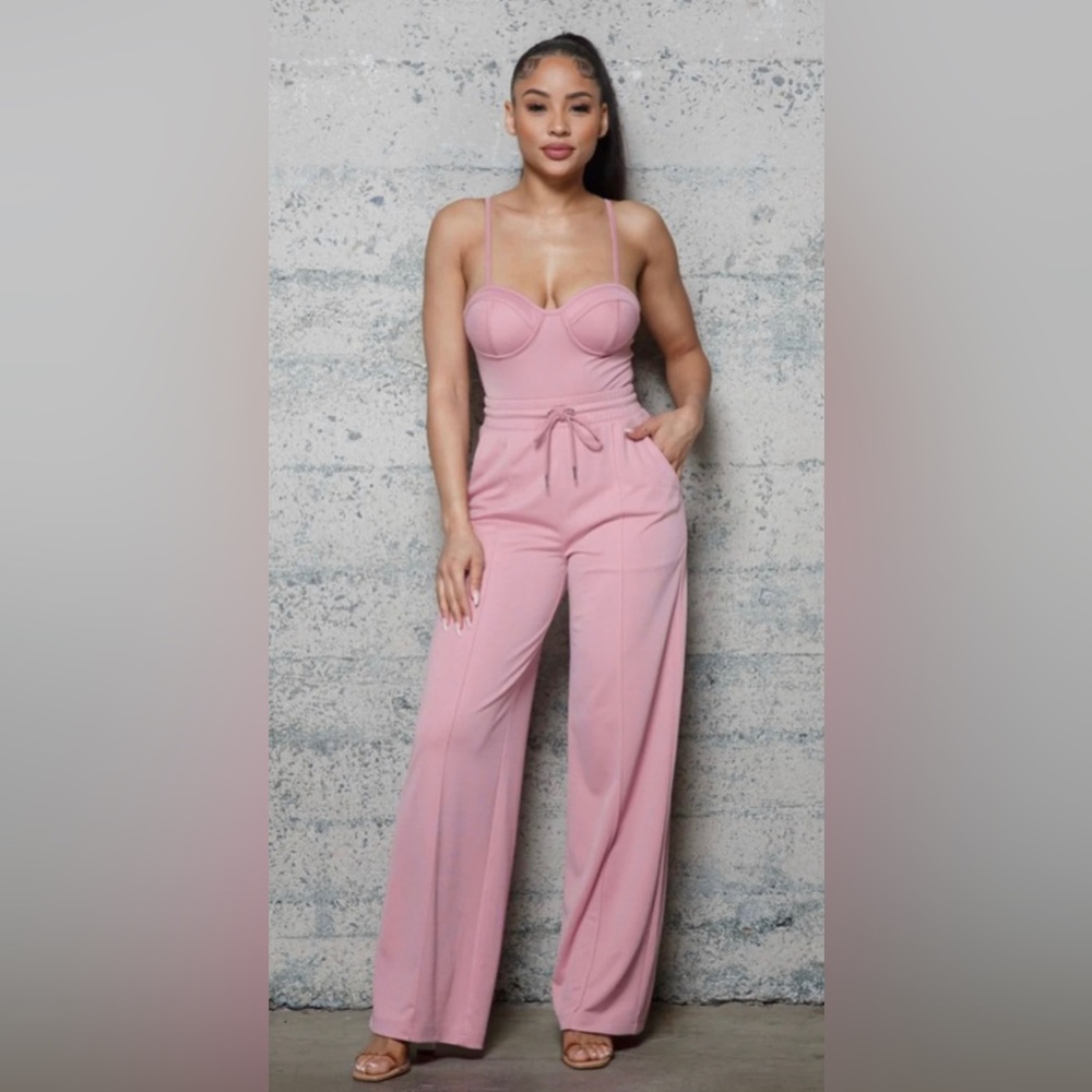 BUSTIER BODYSUIT WITH ELASTIC WAIST WIDE LEG PANTS